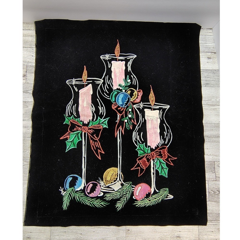 Christmas Fabric Painted Candle Trio Vignette Scene Wall Hang Decor 23x20" Black